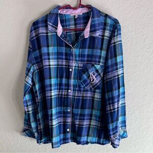 Victorias Secret Blue/Pink Plaid Button-Up Pajama Top Size XL